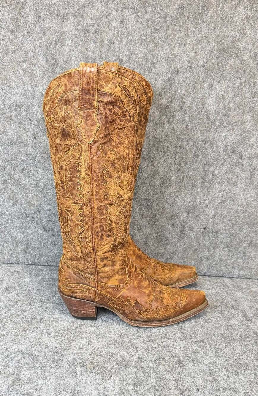 Corral Women's Brown Crackled Leather Snip Toe Western Cowboy Boots 8 M